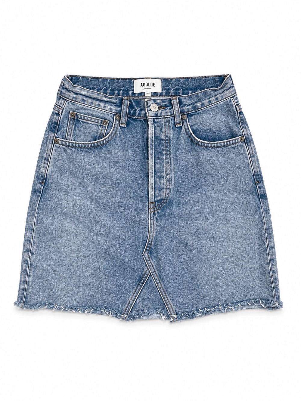 Agolde Light Blue High-Rise Raw Hem Denim Mini Skirt